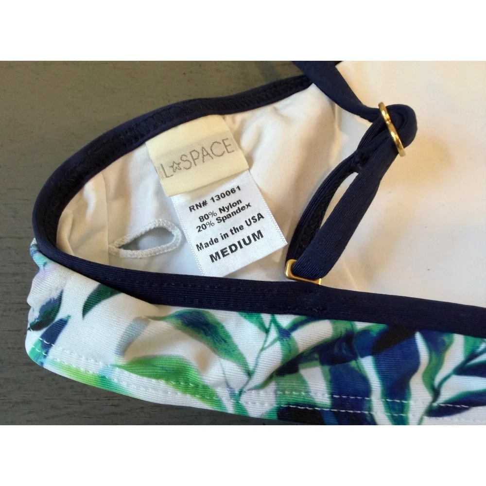 L*Space Bikini Set Medium Tropical Palm Print Top Navy Full Cut Strappy Bottoms
